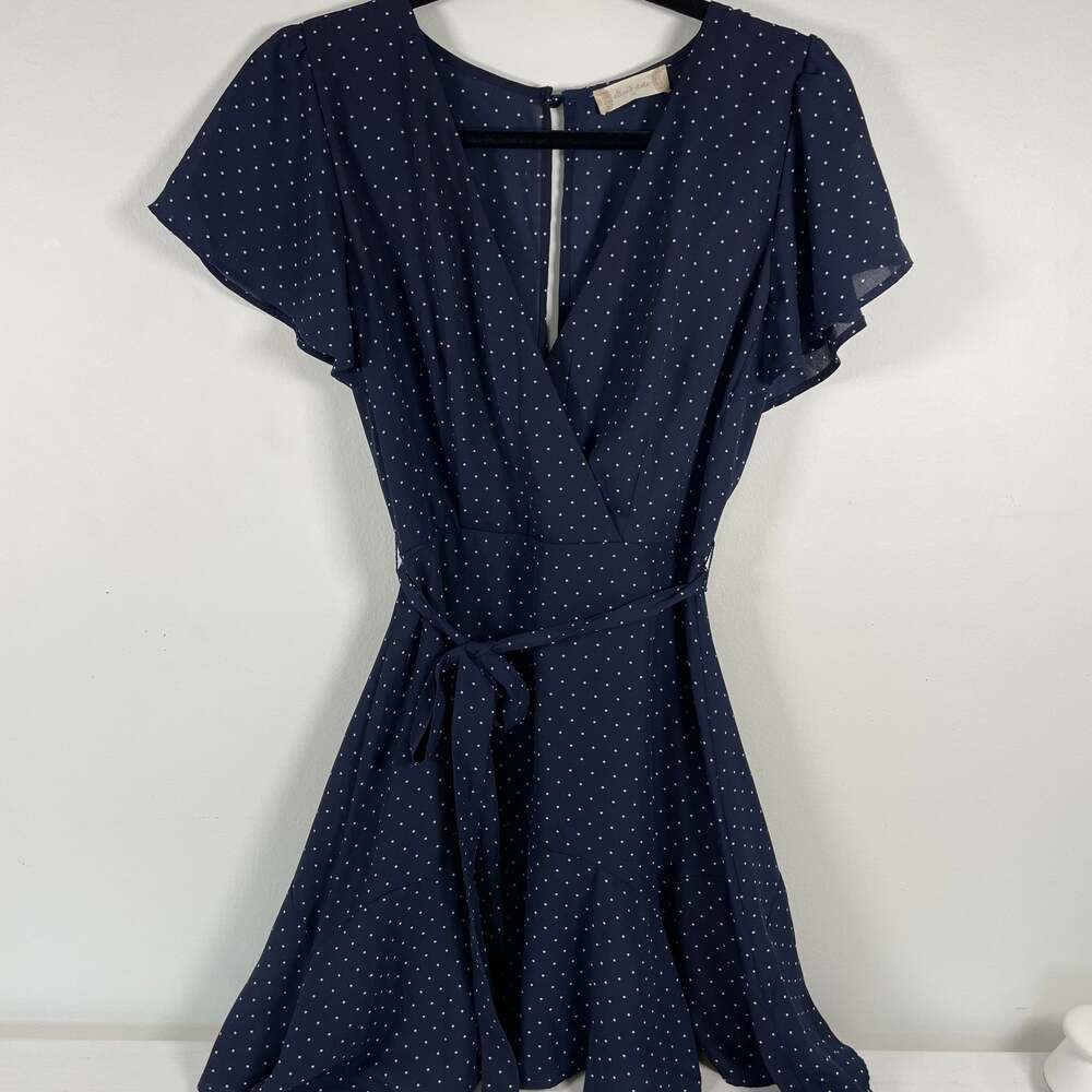 Altar'd State Navy and White Polka Dot Flutter Sleeve Wrap Mini Dress Sz M